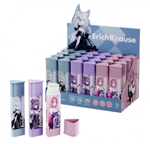 ErichKrause Prism Manga Expositor con 24 Pegamentos en Barra - 13g - No Toxico - Facil de Lavar con Agua - sin Disolventes - Multisuperficie - Color Blanco