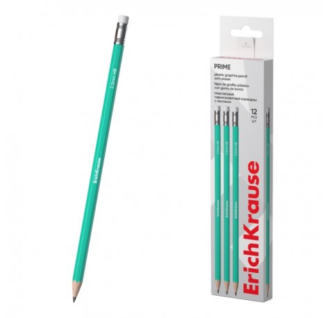 ErichKrause Prime Lapiz de Grafito con Goma de Borrar - Mina HB de 2.2mm - Cuerpo Hexagonal - Plastico - Agarre Ergonomico - Color Turquesa (12 uds)