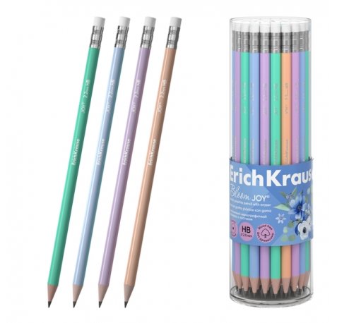 ErichKrause JOY Pastel Bloom Lapiz de Grafito con Goma de Borrar - Mina HB - Cuerpo Redondo - Plastico - Agarre Ergonomico - Colores Surtidos (42 uds)