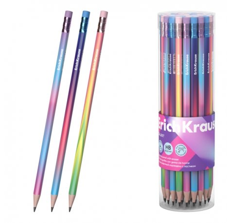 ErichKrause Galaxy Lapiz de Grafito con Goma de Borrar - Mina HB - Cuerpo Triangular - Plastico - Agarre Ergonomico - Faciles de Difuminar - Colores Surtidos (42 uds)