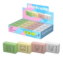 ErichKrause Cuties Expositor con 32 Gomas de Borrar - Caucho Termoplastico - No Deja Residuos - Libre de PVC - Colores Surtidos