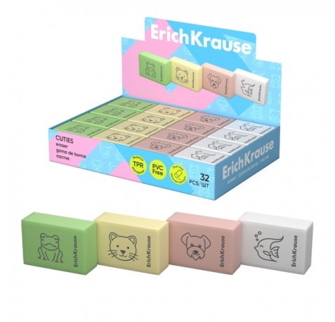 ErichKrause Cuties Expositor con 32 Gomas de Borrar - Caucho Termoplastico - No Deja Residuos - Libre de PVC - Colores Surtidos