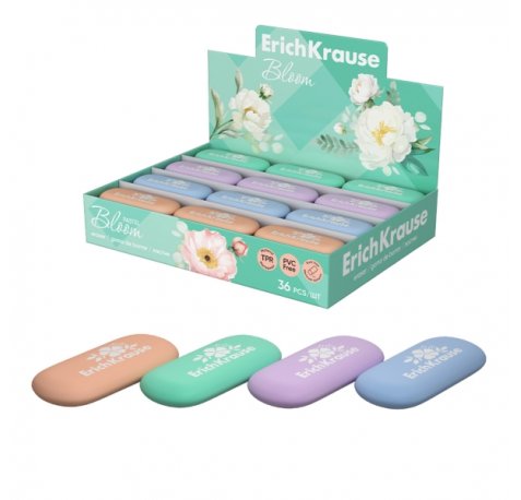 ErichKrause Pastel Bloom Expositor con 36 Gomas de Borrar - Caucho Termoplastico - No Deja Residuos - No Rasga el Papel - Libre de PVC - Colores Surtidos