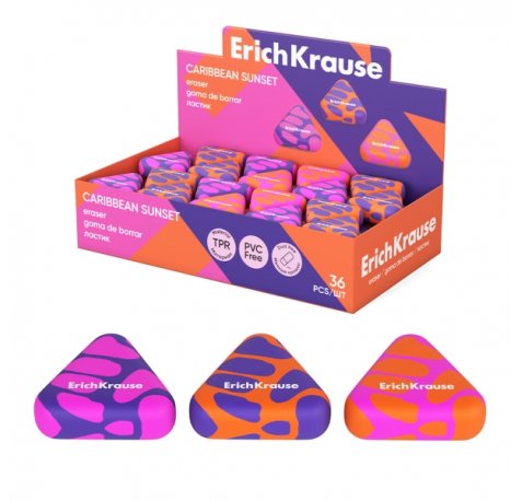 ErichKrause Caribbean Sunset Expositor con 36 Gomas de Borrar - Caucho Termoplastico - Hipoalergenico - Libre de Polvo y PVC - Colores Surtidos