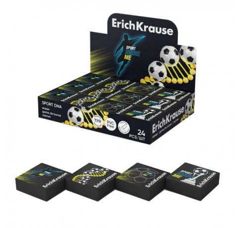 ErichKrause Sport DNA Expositor con 24 Gomas de Borrar - Caucho Termoplastico - No Deja Residuos - No Rasga el Papel - Libre de PVC - Colores Surtidos