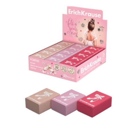 ErichKrause Pointes Expositor con 30 Gomas de Borrar - PVC Ecologico - No Deja Residuos - No Rasga el Papel - Colores Surtidos