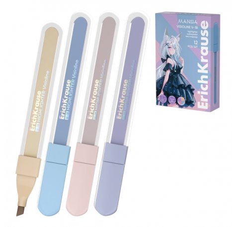 ErichKrause Visioline V-18 Manga Pack de 12 Marcadores Fluorescentes - Punta Biselada - Trazo de 0.5 a 4.5mm - Colores Pastel Surtidos