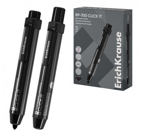 ErichKrause RP-700 Click it Rotulador Permanente - Sistema Retractil - Punta Conica - Trazo de 2.0mm - Resistente al Agua y a la Luz - Multisuperficie - Tinta a Base de Alcohol - Color Negro (12 uds)