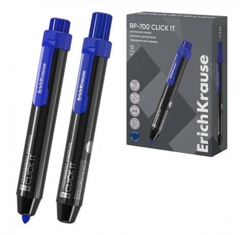 ErichKrause RP-700 Click it Rotulador Permanente - Sistema Retractil - Punta Conica - Trazo de 2.0mm - Resistente al Agua y a la Luz - Multisuperficie - Tinta a Base de Alcohol - Color Azul (12 uds)