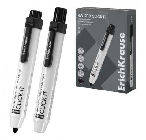 ErichKrause RW-700 Click it Rotulador para Pizarra Blanca - Sistema Retractil - Punta Conica - Trazo de 2.0mm - Tinta a Base de Alcohol - No Toxico - Facil de Borrar - Secado Rapido - Color Negro (12 uds)
