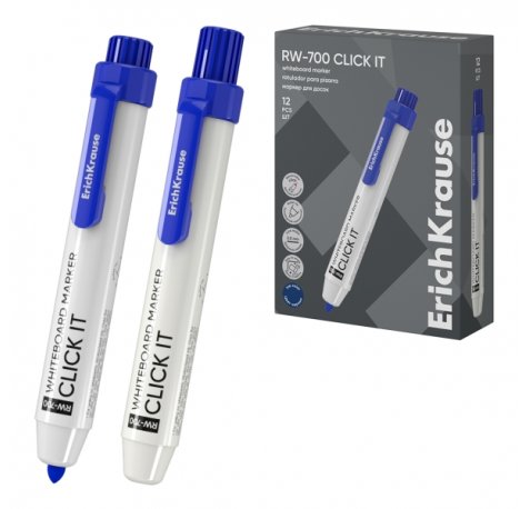 ErichKrause RW-700 Click it Rotulador para Pizarra Blanca - Sistema Retractil - Punta Conica - Trazo de 2.0mm - Tinta a Base de Alcohol - No Toxico - Facil de Borrar - Secado Rapido - Color Azul (12 uds)