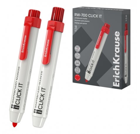 ErichKrause RW-700 Click it Rotulador para Pizarra Blanca - Sistema Retractil - Punta Conica - Trazo de 2.0mm - Tinta a Base de Alcohol - No Toxico - Facil de Borrar - Secado Rapido - Color Rojo (12 uds)