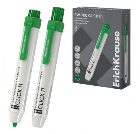 ErichKrause RW-700 Click it Rotulador para Pizarra Blanca - Sistema Retractil - Punta Conica - Trazo de 2.0mm - Tinta a Base de Alcohol - No Toxico - Facil de Borrar - Secado Rapido - Color Verde (12 uds)