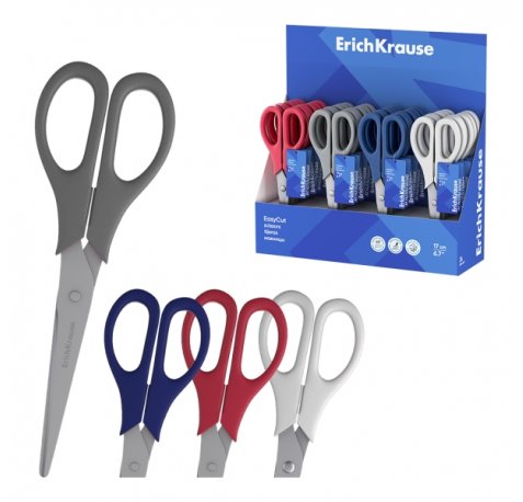 ErichKrause EasyCut Expositor con 24 Tijeras de 17cm - Mangos de Plastico Resistente a Golpes - Ergonomicas - Colores Surtidos