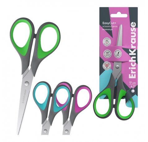 ErichKrause EasyCut + Tijeras de 17cm para Zurdos - Mangos de Plastico y Goma Antideslizante - Ergonomicas - Acero Inoxidable - Colores Surtidos