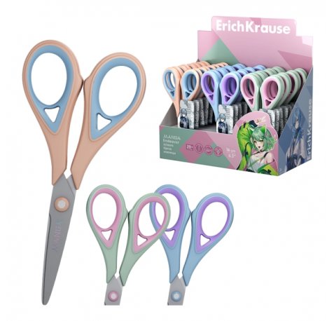 ErichKrause Endeavor Manga Expositor con 24 Tijeras de 16cm - Mangos de Plastico y Goma Antideslizante - Cuchillas en Forma de Arco - Ergonomicas - Acero Inoxidable - Colores Surtidos