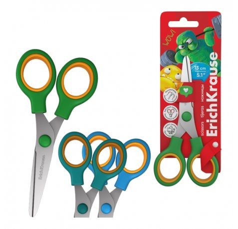 ErichKrause Junior Softy Jolly Friends Tijeras de 13cm - Puntas Redondeadas - Mango de Plastico y Goma Antideslizante - Colores Surtidos