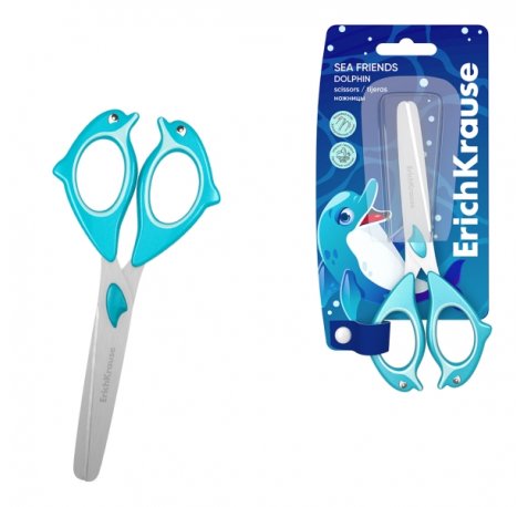 ErichKrause Sea Friends Dolphin Tijeras de 13.5cm - Puntas Redondeadas - Mangos de Plastico Resistente a Golpes con Forma - Acero Inoxidable - Color Azul
