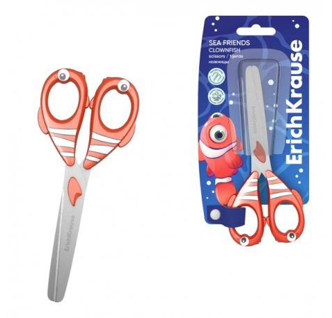 ErichKrause Sea Friends Clownfish Tijeras de 13.5cm - Puntas Redondeadas - Mangos de Plastico Resistente a Golpes con Forma - Acero Inoxidable - Color Naranja