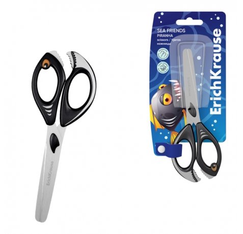 ErichKrause Sea Friends Piranha Tijeras de 14.5cm - Puntas Redondeadas - Mangos de Plastico Resistente a Golpes con Forma - Acero Inoxidable - Color Negro