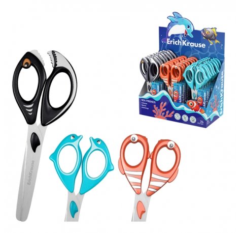 ErichKrause Sea Friends Expositor con 24 Tijeras de 14.5cm - Puntas Redondeadas - Mangos de Plastico Resistente a Golpes con Forma - Acero Inoxidable - Colores Surtidos