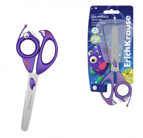 ErichKrause Sea Friends Devilfish Tijeras de 14.5cm - Puntas Redondeadas - Mangos de Plastico Resistente a Golpes con Forma - Acero Inoxidable - Color Lila