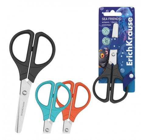 ErichKrause Sea Friends Tijeras de 13cm - Puntas Redondeadas - Mangos de Plastico Resistente a Golpes - Acero Inoxidable - Colores Surtidos
