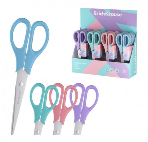 ErichKrause EasyCut Pastel Expositor con 24 Tijeras de 17cm - Mangos de Plastico Resistente a Golpes - Ergonomicas - Colores Surtidos