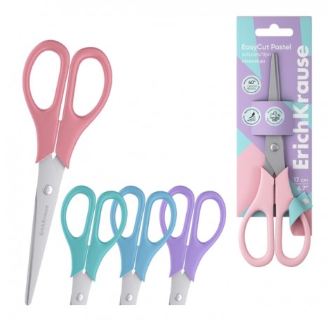 ErichKrause EasyCut Pastel Tijeras de 17cm - Mangos de Plastico Resistente a Golpes - Ergonomicas - Colores Surtidos