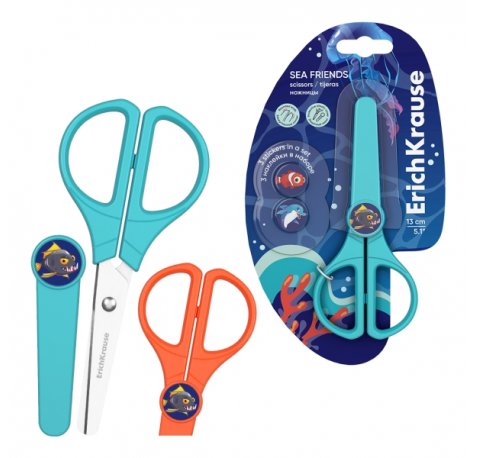 ErichKrause Sea Friends Protect Tijeras de 13cm - Puntas Redondeadas - Funda Protectora - Incluye 3 Pegatinas - Acero Inoxidable - Colores Surtidos