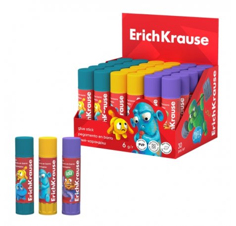 ErichKrause EasyStick Jolly Friends Expositor con 30 Pegamentos en Barra - 6g - Multisuperficie - Color Blanco