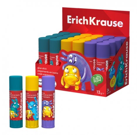 ErichKrause EasyStick Jolly Friends Expositor con 24 Pegamentos en Barra - 13g - Adhesion Fuerte - Multisuperficie - Color Blanco