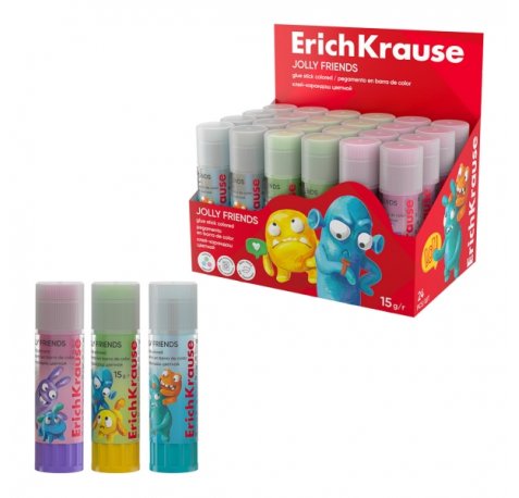 ErichKrause EasyStick Jolly Friends Expositor con 24 Pegamentos en Barra - 15g - Multisuperficie - Colores Surtidos