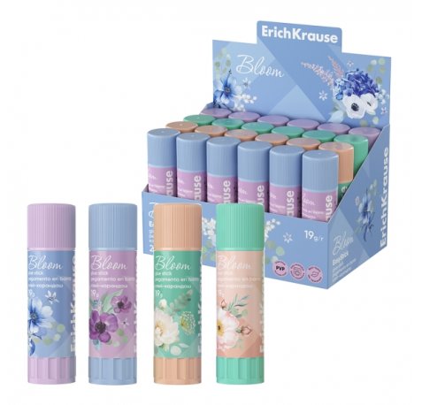ErichKrause EasyStick Pastel Bloom Expositor con 24 Pegamentos en Barra - 19g - Adhesion Fuerte - Multisuperficie - Color Blanco