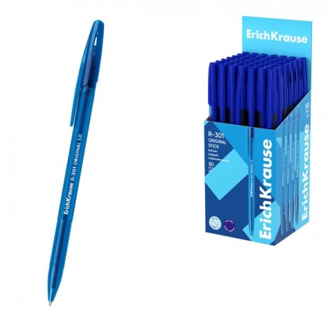 ErichKrause R-301 Stick Original Boligrafo con Capuchon - Punta de 1.0mm - Cuerpo Transparente - Trazo 0.5mm - Tinta de Secado Rapido - Tapa Ventilada - Color Azul (50 uds)