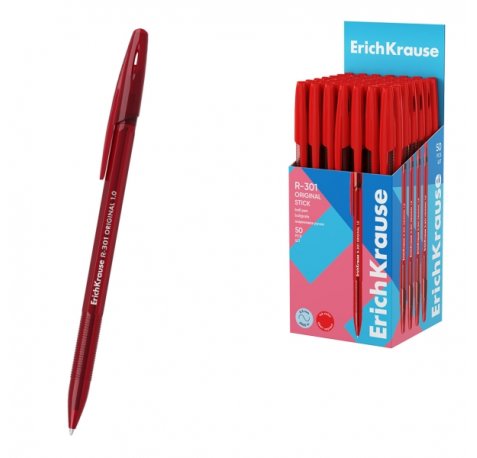 ErichKrause R-301 Stick Original Boligrafo con Capuchon - Punta de 1.0mm - Cuerpo Transparente - Trazo 0.5mm - Tinta de Secado Rapido - Tapa Ventilada - Color Rojo (50 uds)