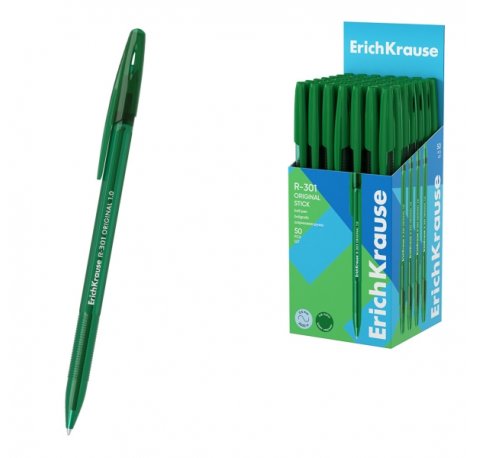 ErichKrause R-301 Stick Original Boligrafo con Capuchon - Punta de 1.0mm - Cuerpo Transparente - Trazo 0.5mm - Tinta de Secado Rapido - Tapa Ventilada - Color Verde (50 uds)