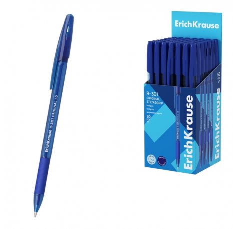 ErichKrause R-301 Stick and Grip Original Boligrafo con Capuchon - Punta de 1.0mm - Cuerpo Transparente - Trazo 0.5mm - Zona de Agarre de Goma - Tinta de Secado Rapido - Tapa Ventilada - Color Azul (50 uds)