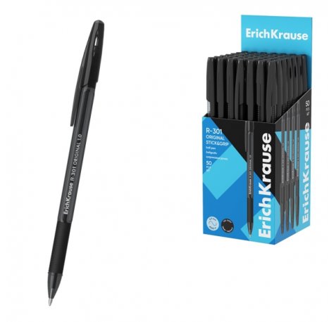 ErichKrause R-301 Stick and Grip Original Boligrafo con Capuchon - Punta de 1.0mm - Cuerpo Transparente - Trazo 0.5mm - Zona de Agarre de Goma - Tinta de Secado Rapido - Tapa Ventilada - Color Negro (50 uds)