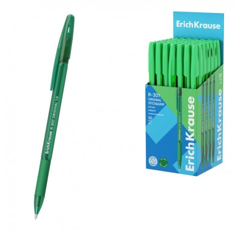 ErichKrause R-301 Stick and Grip Original Boligrafo con Capuchon - Punta de 1.0mm - Cuerpo Transparente - Trazo 0.5mm - Zona de Agarre de Goma - Tinta de Secado Rapido - Tapa Ventilada - Color Verde (50 uds)