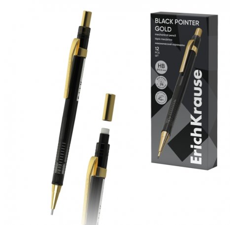 ErichKrause Black Pointer Gold Portaminas - Mina HB de 0.5mm - Goma de Borrar Integrada - Color Negro (12 uds)