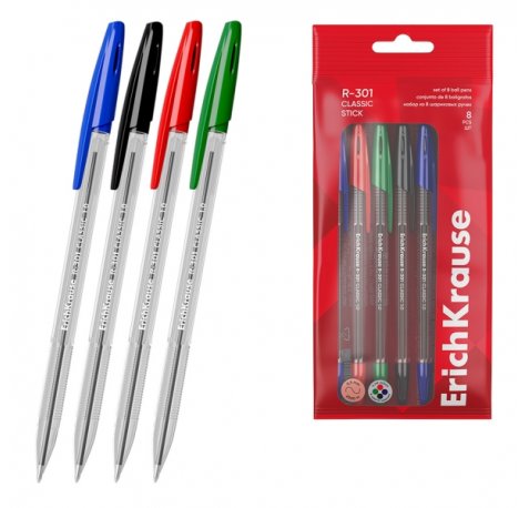ErichKrause R-301 Stick Classic Pack de 8 Boligrafos con Capuchon - Punta de 1.0mm - Cuerpo Transparente - Trazo 0.5mm - Tinta de Secado Rapido - Tapa Ventilada - Colores Surtidos