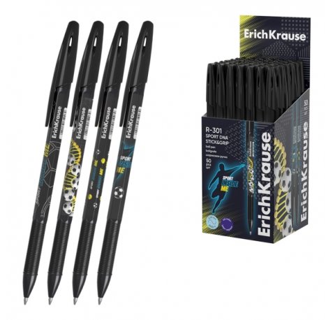 ErichKrause R-301 Stick and Grip Sport DNA Boligrafo con Capuchon - Modelos Surtidos - Trazo 0.35mm - Zona de Agarre de Goma - Tinta de Secado Rapido - Tapa Ventilada - Color Azul (50 uds)