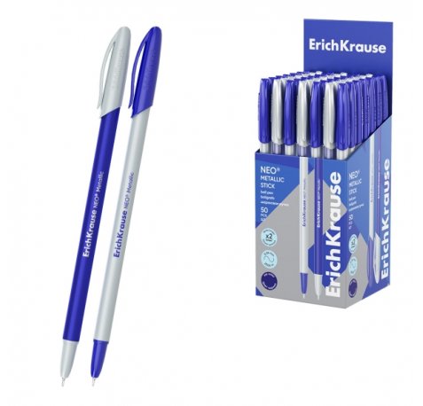 ErichKrause Neo Stick Metallic Boligrafo con Capuchon - Modelos Surtidos - Trazo 0.26mm - Tinta de Baja Viscosidad - Tapa Ventilada - Color Azul (50 uds)