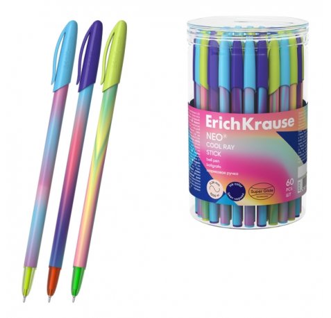 ErichKrause Neo Stick Cool Ray Boligrafo con Capuchon - Modelos Surtidos - Trazo 0.26mm - Tinta de Baja Viscosidad - Tapa Ventilada - Color Azul (60 uds)