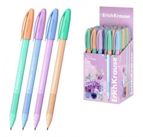 ErichKrause U-108 Stick Pastel Bloom Boligrafo con Capuchon - Punta de 1.0mm - Trazo 0.3mm - Zona de Agarre de Goma - Tinta de Baja Viscosidad - Tapa Ventilada - Colores Surtidos (50 uds)