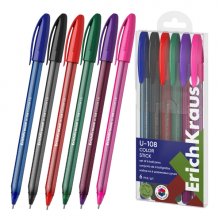 ErichKrause U-108 Stick Color Pack de 6 Boligrafos con Capuchon - Punta de 1.0mm - Trazo 0.3mm - Tinta de Baja Viscosidad - Tapa Ventilada - Colores Surtidos