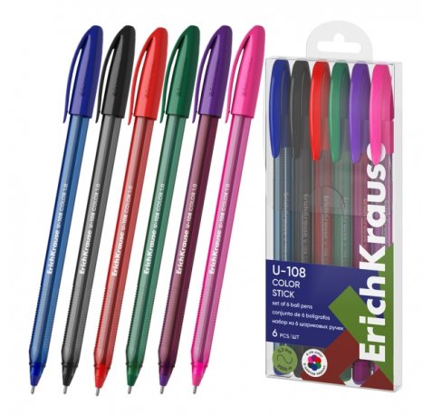 ErichKrause U-108 Stick Color Pack de 6 Boligrafos con Capuchon - Punta de 1.0mm - Trazo 0.3mm - Tinta de Baja Viscosidad - Tapa Ventilada - Colores Surtidos