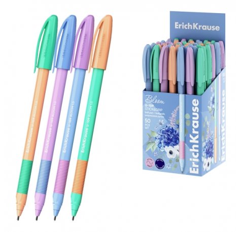 ErichKrause U-109 Stick and Grip Pastel Bloom Boligrafo con Capuchon - Modelos Surtidos - Trazo 0.3mm - Zona de Agarre de Goma - Tinta de Baja Viscosidad - Tapa Ventilada - Color Azul (50 uds)