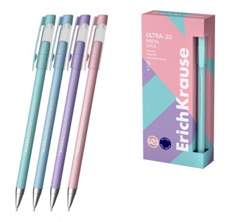 ErichKrause ULTRA-20 Stick Pastel Boligrafo con Capuchon - Modelos Surtidos - Trazo 0.26mm - Tinta de Baja Viscosidad - Tapa Ventilada - Color Azul (12 uds)